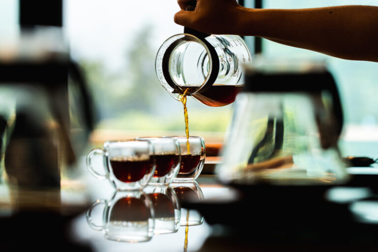 Grãos de café Geisha maduros em um pé de café na região montanhosa de Boquete, Panamá.